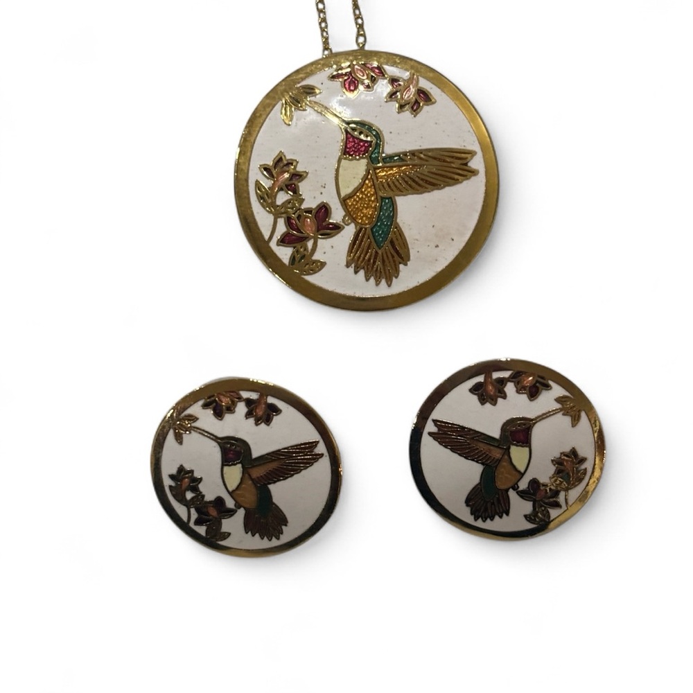 VINTAGE Enamel Hummingbird Jewelry Set | Necklace Pendant & Stud Earrings